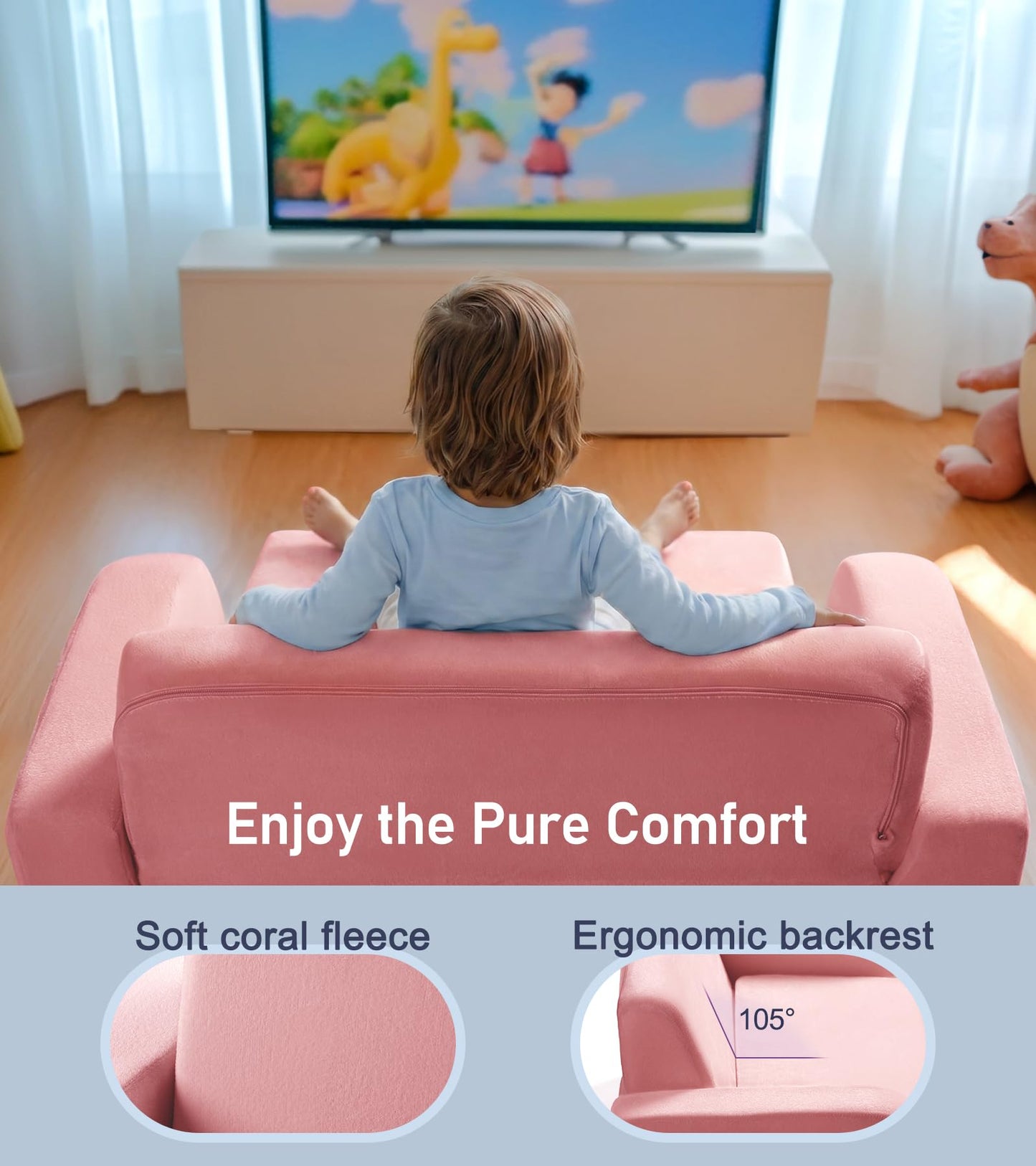 little dove 3-in-1 Extra Wide Convertible Kids Couch, Flip Open Kid Sofa, Machine-Washable Kid Couch for Girls, Kids Sofa for Fun Playtime, Pink