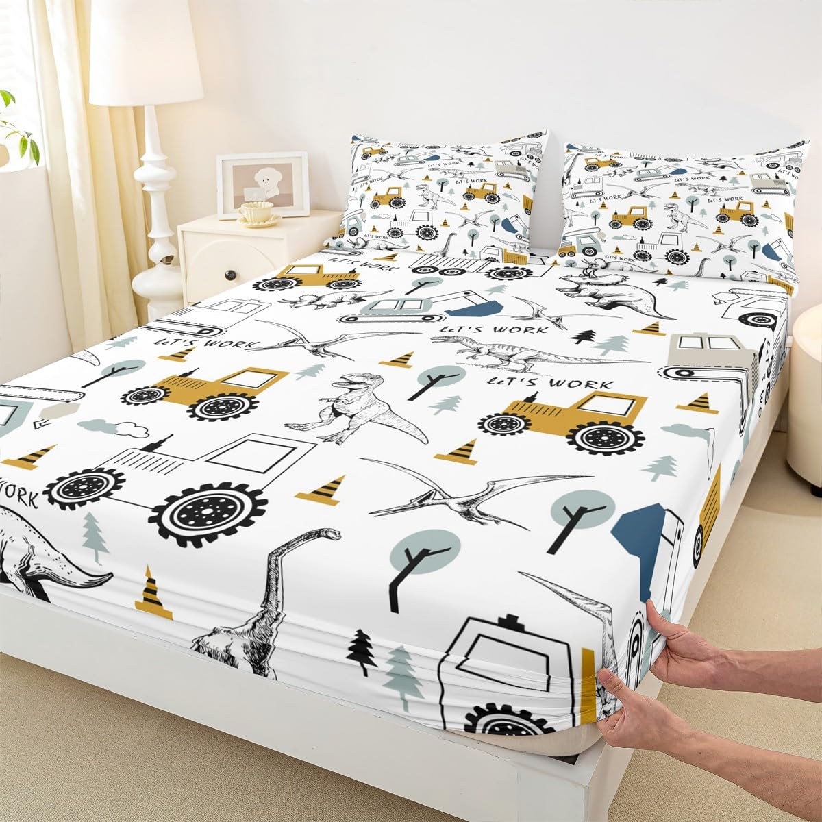 Construction Sheet Set Full Size Kids Cartoon Car Excavator Tractor Toddler Sheets with Deep Pocket Fitted Sheet Equipment Trucks Dinosaur Bed Sheets Set Construction Vehicles White Yellow Bedding Set