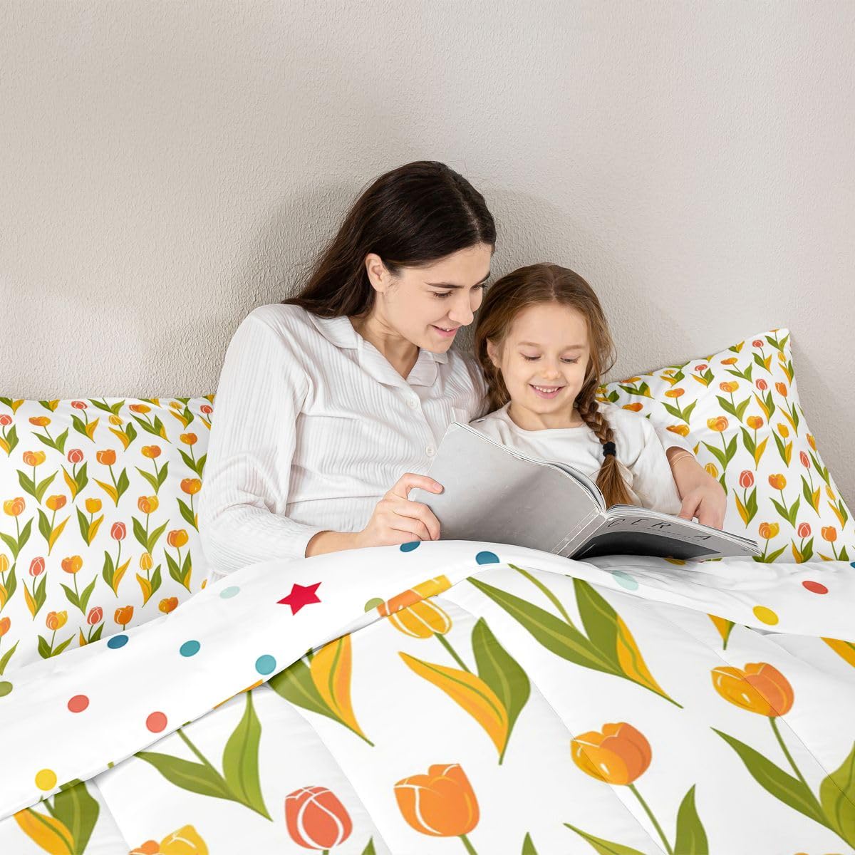 Feelyou Tulip Comforter Set Queen Size Cute Floral Bedding Set for Kids Boys Girls Cartoon Flower Duvet Quilt Plant Bedroom Decor Microfiber 3 Pcs with 2 Pillow Cases
