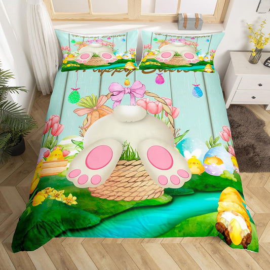 Erosebridal Easter Eggs Duvet Cover Easter Bedding Set,Rabbit Tail Comforter Cover Cute Rabbit Pet Animal Quilt Cover Queen Size Kawaii Greetings and Presents for Easter Day,Easter Baskets for Kids