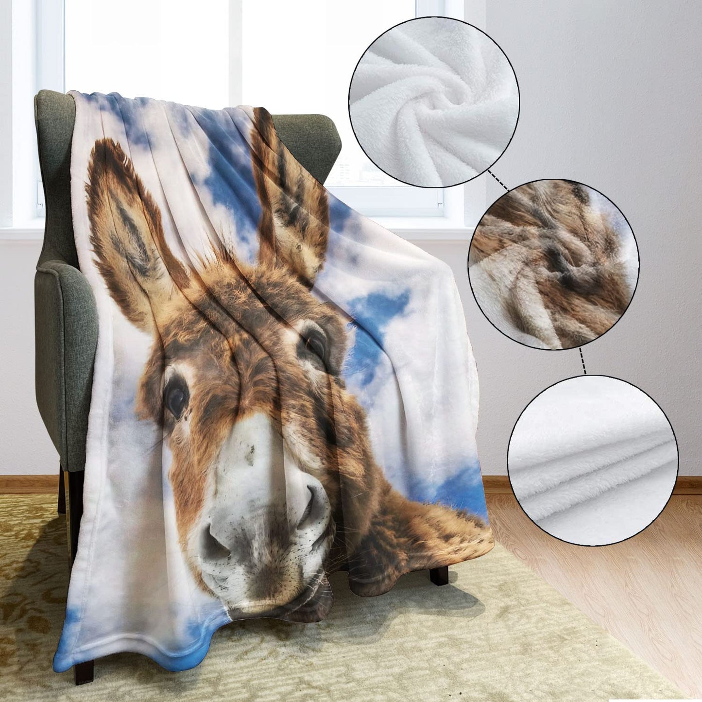 HommomH 50"x60" Donkey Blanket Animal Selfie Blankets Soft Warm Plush Fleece Throw for Couch Sofa Bed