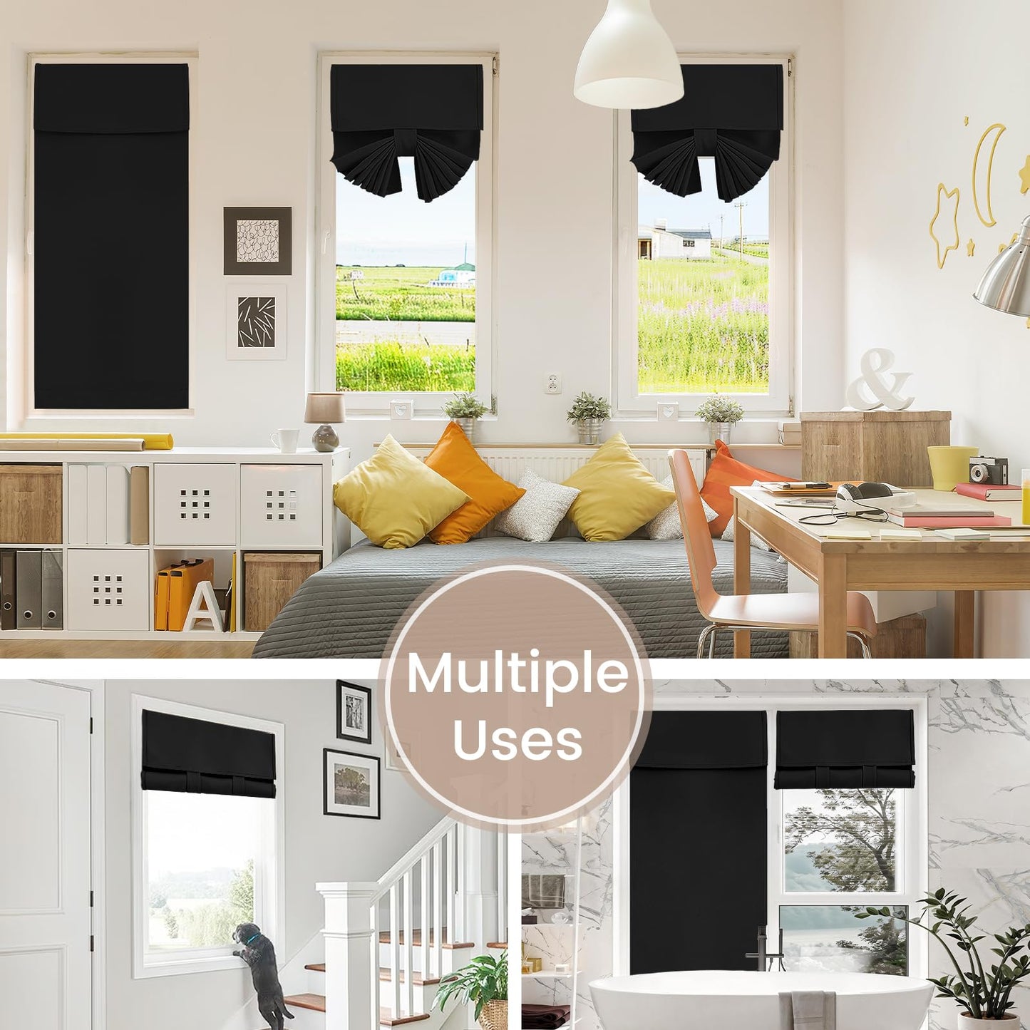Vatge Small Door Window Curtains Privacy Thermal Insulated Blackout Window Coverings for Front Glass Door Tie Up Shade for Home Office, 1 Panel, W26 x L20, Black