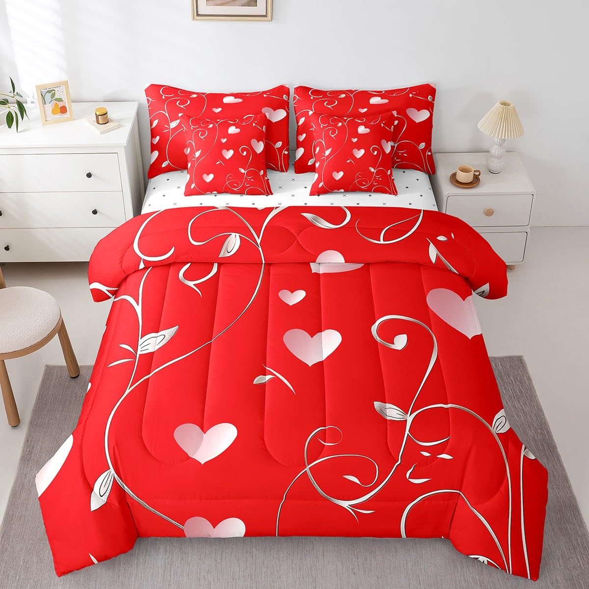 Erosebridal Valentine Day Queen 7 Piece Comforter Set with Sheets - Coquette Romantic Love Bedding Sets with Fitted + Flat Sheet, Pillowcases for Kids Girls Women Couples Valentines Bedroom Decor