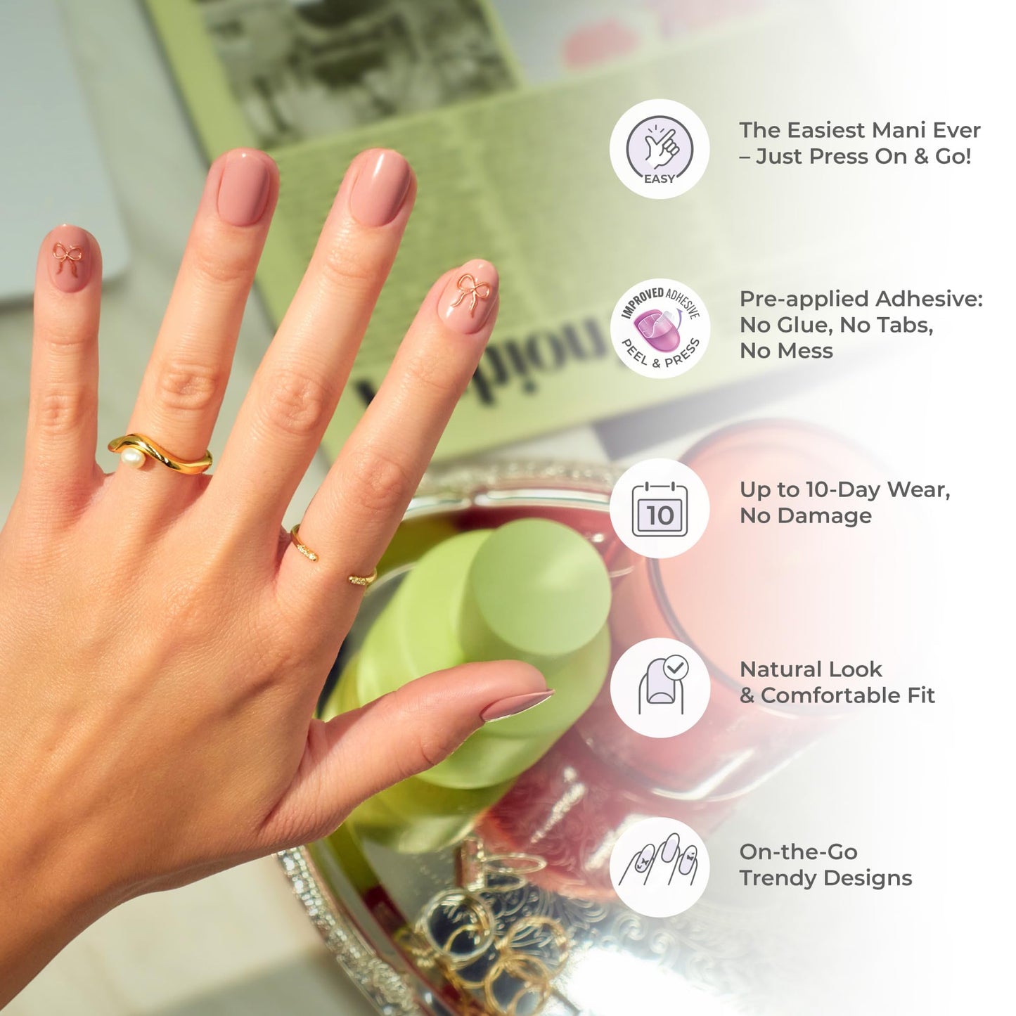 Kiss Impress No Glue Mani Press On Nails, Design, 'Star player', White, Medium Size, Almond Shape, Includes 30 Nails, Prep Pad, Instructions Sheet, 1 Manicure Stick, 1 Mini File