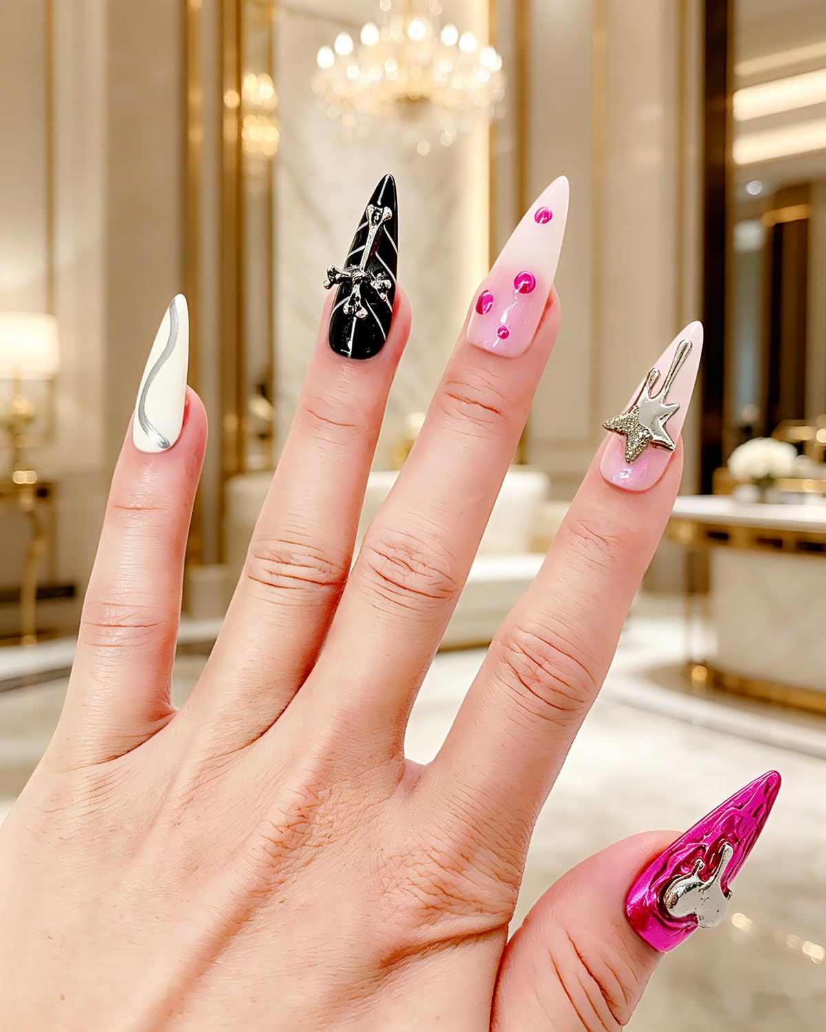 CAMILCY Luxury Handmade Press on Nails Long Stiletto Pink Black Red Y2K Nails with 3D Star Heart Charms Glossy Acrylic Fake Nails Reusable Full Cover False Nails for Women 10pcs (A041, M)