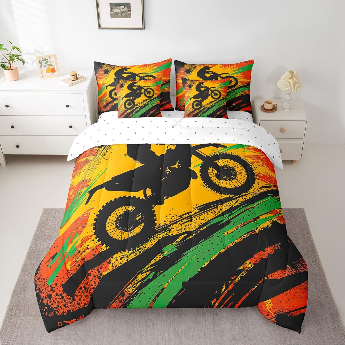 Erosebridal Motocross Rider 7 Piece Comforter Set Full Bed in a Bag,Extreme Sports Bedding Sets Motorcycle Dirt Bike Sheet Set with Comforter