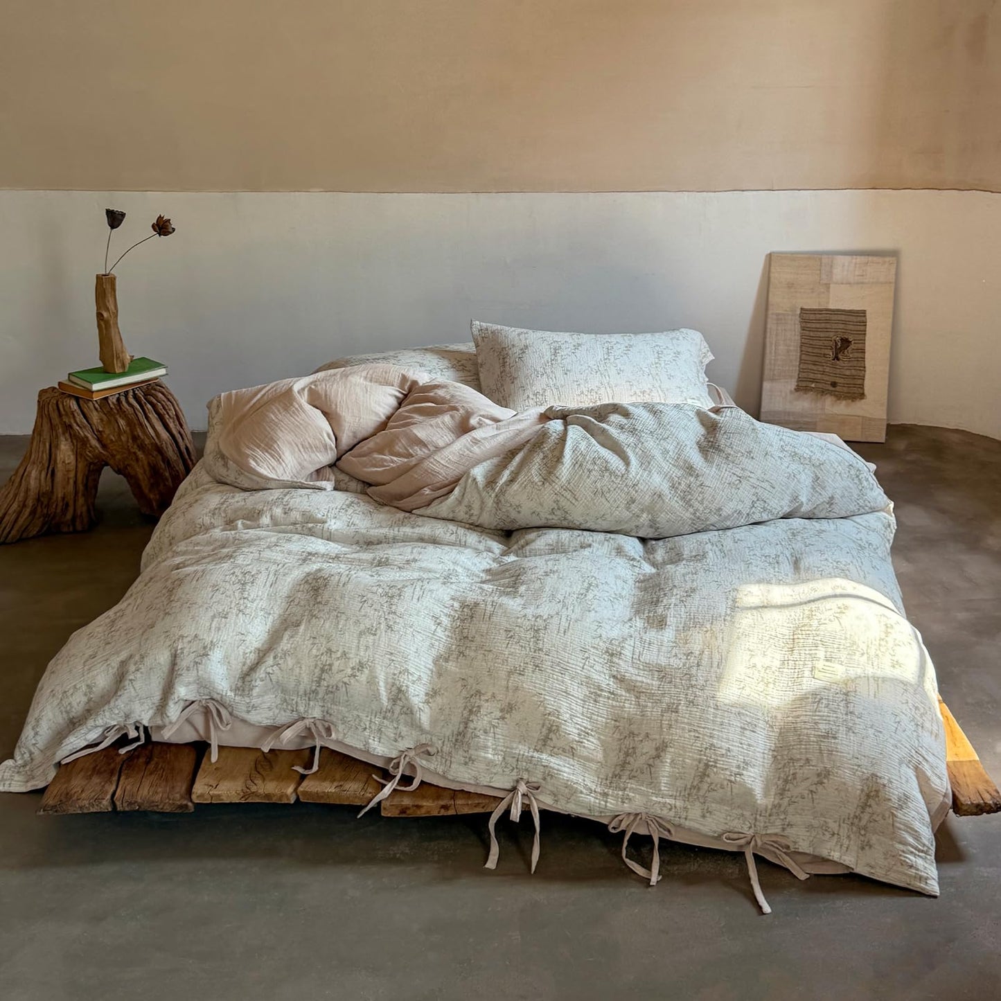 VM VOUGEMARKET Double Gauze Crinkled Cotton Duvet Cover Set Queen,Rustic Beige Ink Bamboo Botanical Print Duvet Cover with Romantic Bow Ties