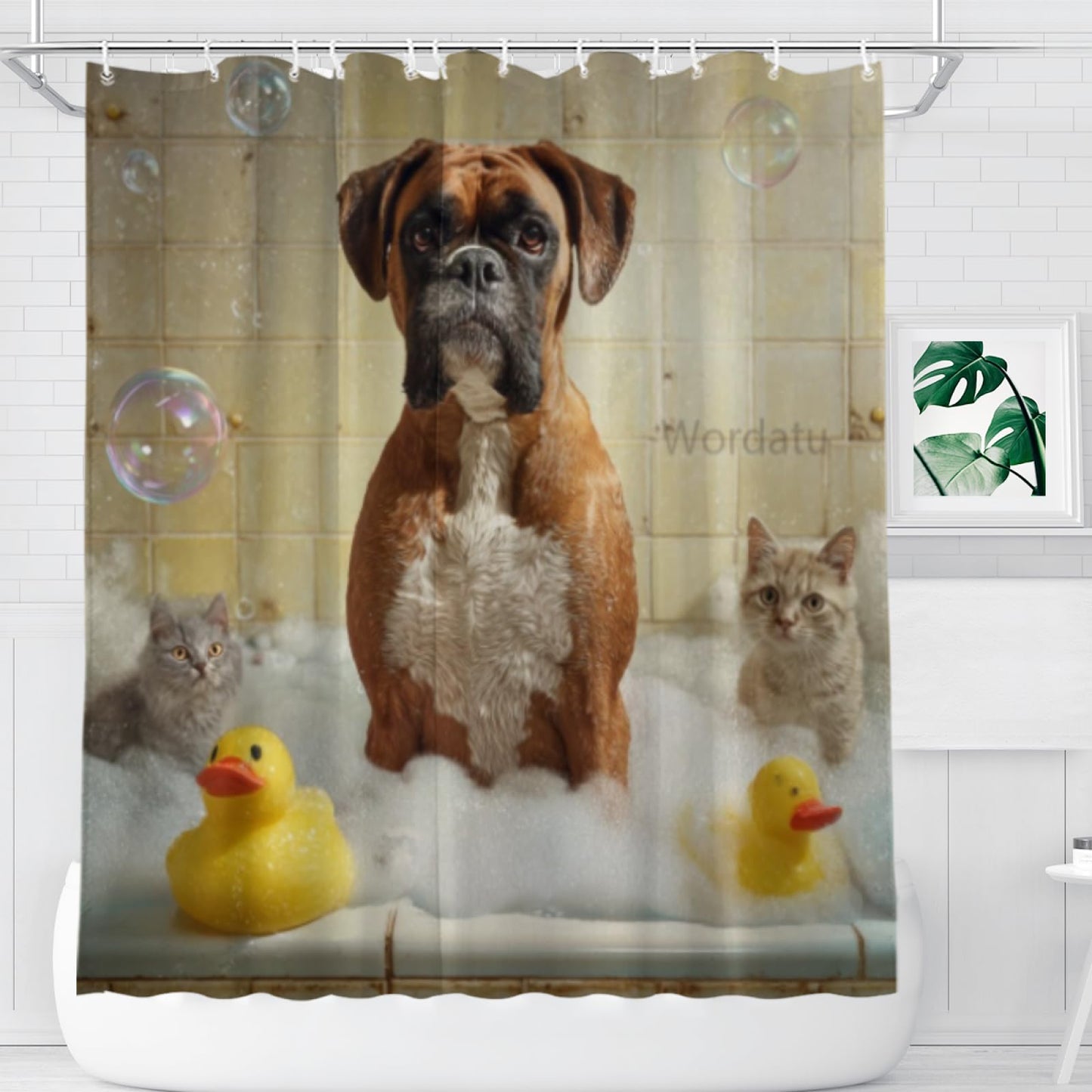 Wordatu Boxer Dog Shower Curtain Bathroom Set 72X72 Inches Funny Cat Lovely Animals in Bathtub for Boys Bath Farmhouse Art Home Decor Fabric 12 Hooks