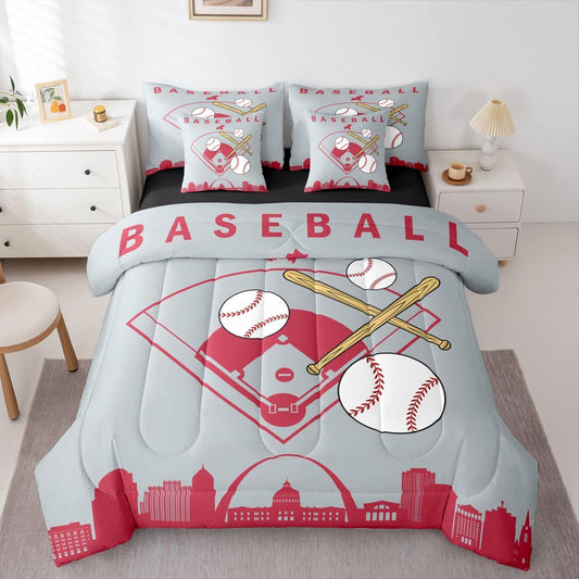 Erosebridal Teens Baseball Full 7 Piece Bedding Set Sporta Games Bed in A Bag City Building Silhouette Comforter Set for Kids Boys Youth Men Bedroom Decor Baseball Bat Sheet Sets