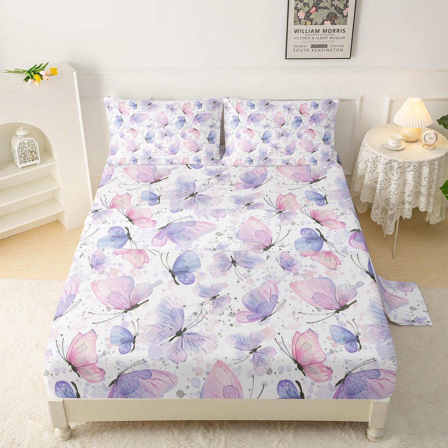 QOOMO Butterfly Bedding for Boys and Girls Pink Silky Soft Microfiber Bed Sheets Cute Butterfly Flat Fitted Sheets Set for Children Twin Size 1 Fitted Sheet, 1 Flat Sheet, 2 Pillow Cases