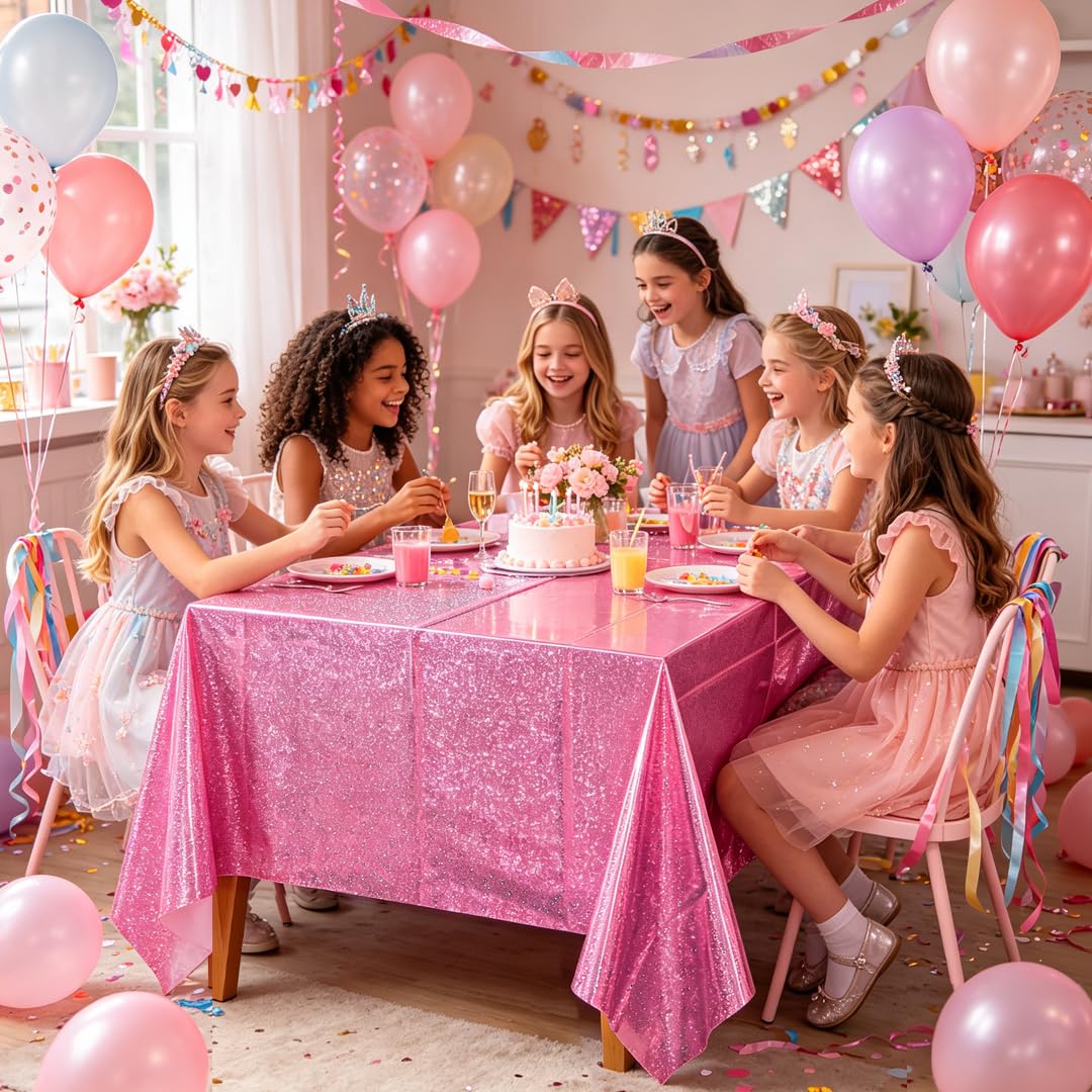 Lesgln 3 Pack Iridescent Pink Tablecloth 54'' x 108'' Disposable Holographic Plastic Rectangle Party Table Cloth Waterproof Oil-Proof for Kpop Birthday Wedding Christmas Theme Party Decorations