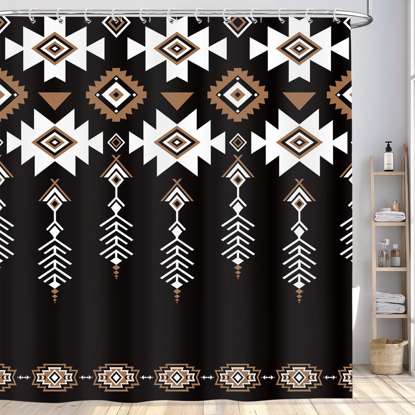 Aeivice Black Western Aztec Shower Curtain, Vintage Abstract Geometric Cowboy Shower Curtains Set, Boho Southwestern Tribal Native Neutral Fabric Shower Curtains for Bathroom with Hooks 72X72IN Brown
