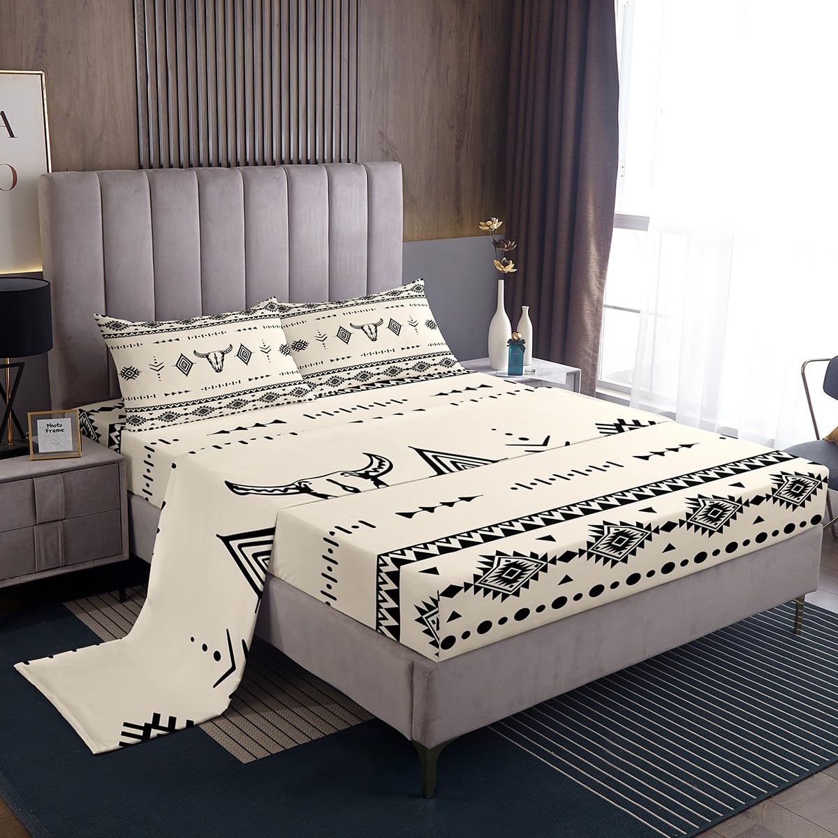 Erosebridal Full Size Western Cowboy Flat Fitted Sheet, Bull Skull Bed Sheets Set for Boys Girls Men Room Decor, Boho Aztec Ethnic Horns Bedding Set, Southwestern Native Bed Sets