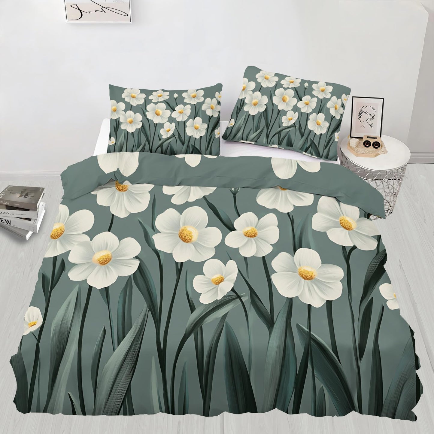 PAISUOQ Floral Duvet Cover Full Size, Abstract Flowers Bedding, 3 Piece, Soft Microfiber Patterned Comforter Cover with Zipper Ties & 2 Pillowcase, Daisy Florals Bedroom Decor & Gifts