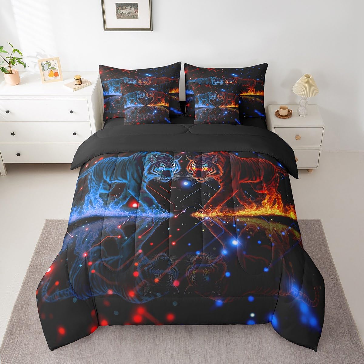 jejeloiu Tiger Bed Set Wild Animal 7 Pieces Bedding Set for Kids Safari Cat Print Bed in a Bag with Comforter, Sheets, Pillowcases Ultra Soft Dot All Season Breathable Lightweight Twin Size