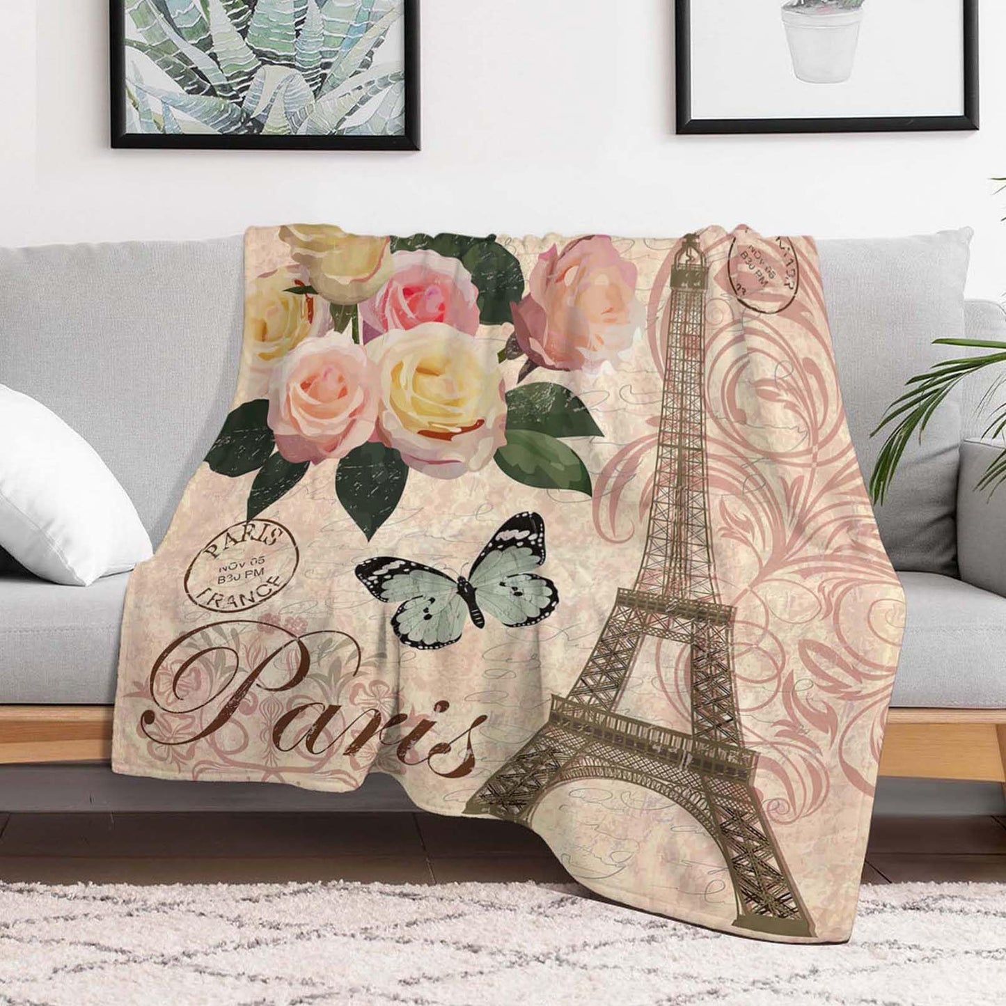 Throw Blanket 60x80 Inch,Vintage Paris Flower Eiffel Towel Rose Cozy Soft Lightweight Fuzzy Flannel Blanket 80x60 Inch Suitable for Couch Bed Sofa Living Room in All Seasons