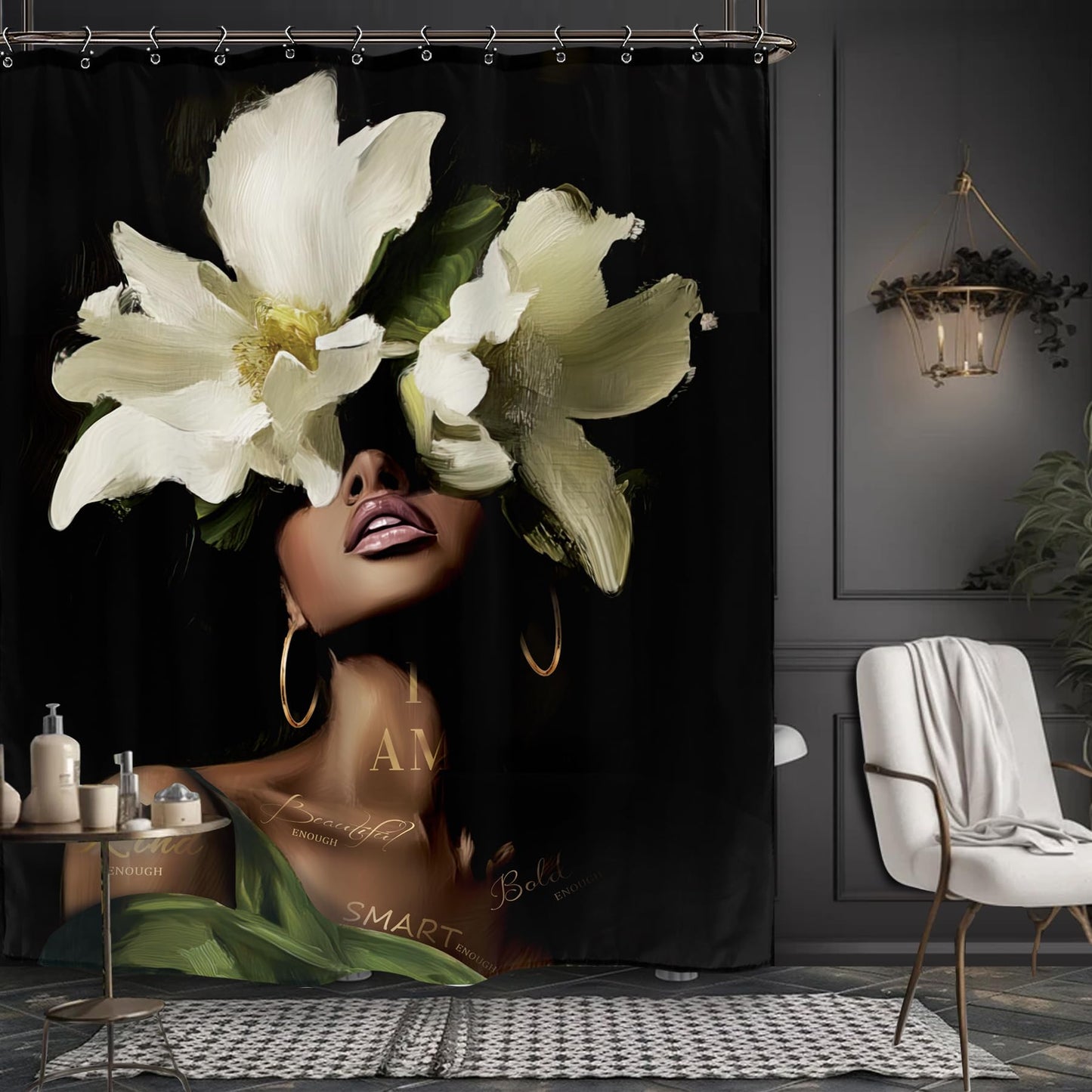 Yookeb African American Bathroom Shower Curtain 60W by 71H Inch Black Woman Girl Sexy Inspirational Motivational Positive Olive Green Polyester Fabric 12 Plastic Hooks Waterproof Decor
