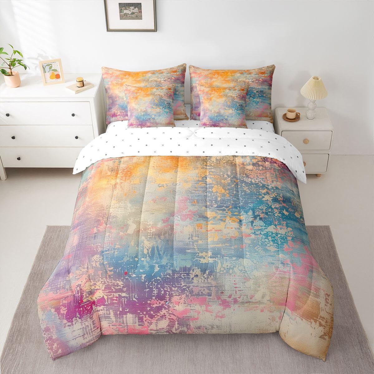 Erosebridal Grey Blue Queen Comforter Set Grunge Ombre Geometric 7 Pieces Bedding Oil Painting Bed Set with Sheets Modern Abstract Graffiti Art Bed in A Bag Bedroom Decor