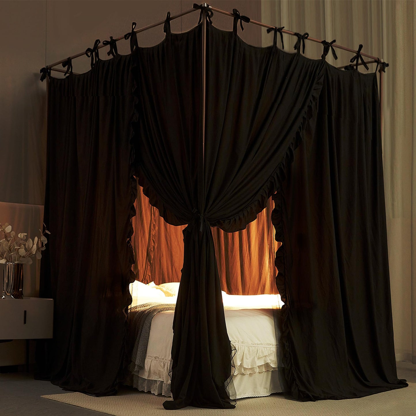 AIOOO 4 Corners Post Princess Curtain Bed Canopy Double Layer Cozy Mosquito Net Mesh and Cloth for Girls Adults Bedroom Decoration (Double-Black/Black, 78" W*86" L*82"*H/(King))