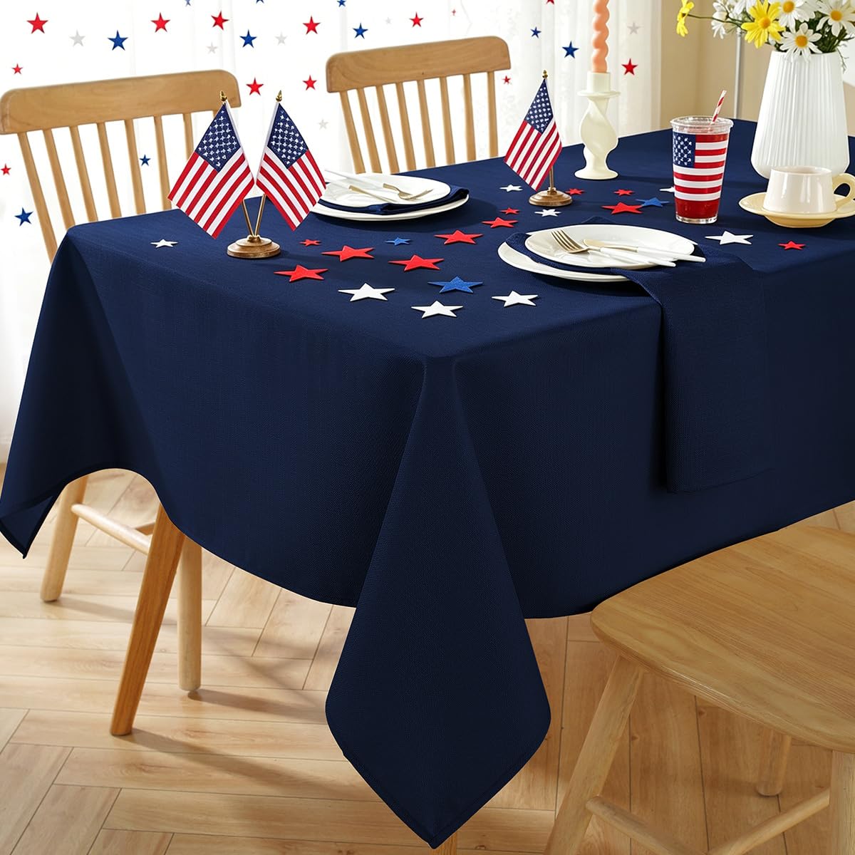 Faux Linen Tablecloth Rectangle Waterproof Washable Natural Textured Fabric Table Cloths, Heavy Weight Table Cover for Dining, Party, Holiday, Indoor, Outdoor (60 x 102 Inch Rectangular, Navy Blue)