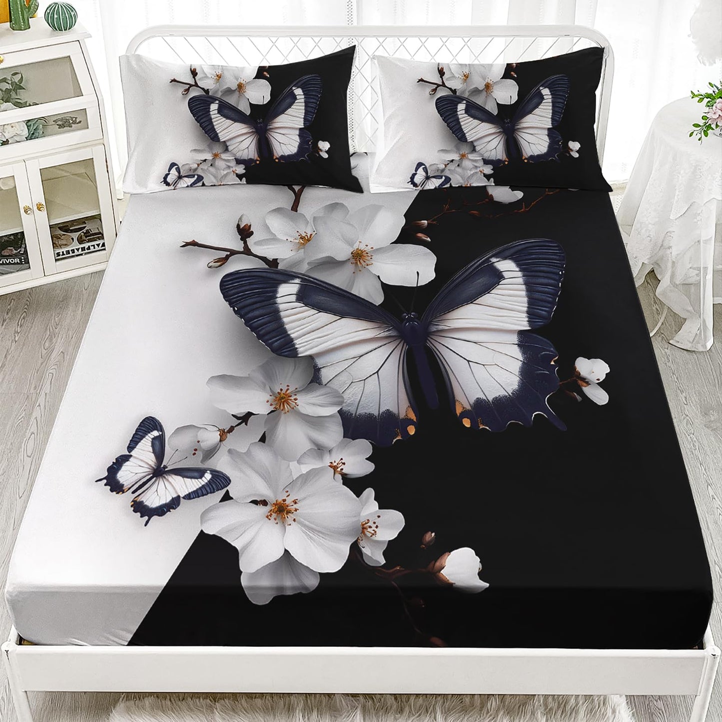 AILONEN 3D Butterfly Fitted Sheet Set Queen Size,Black and White Bed Sheet Set for Girls Women,Beautiful Flower Butterfly Printed Fitted Sheet with 2 Pillowcases,3Pcs
