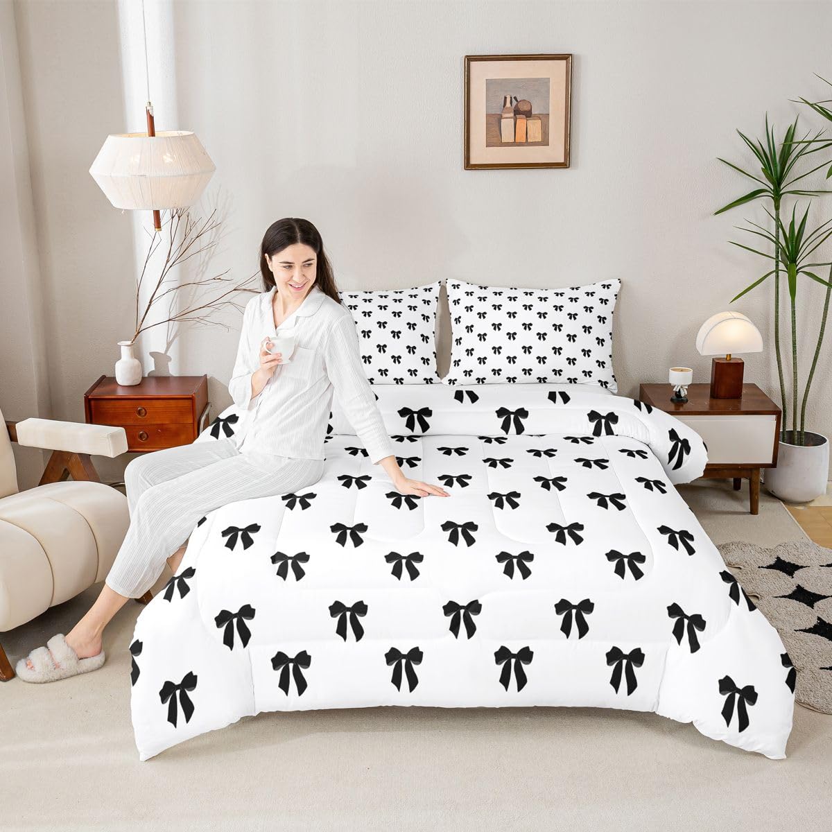 Erosebridal Black Bow Comforter Set Queen Size Coquette Bows Bedding Set for Kids Teen Girls Women Bedroom Cute Preppy Bowknot Comforter Modern Trendy Girly Aesthetic Quilt Duvet