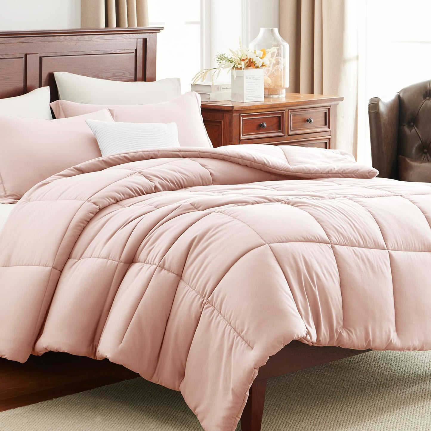 CozyLux Queen Comforter Set - 270GSM Blush Pink Bedding Sets for All Seasons, 3 Pieces Box Stitched Bed Set with 1 Down Alternative Comforter and 2 Pillow Shams, Soft, Lightweight, Breathable