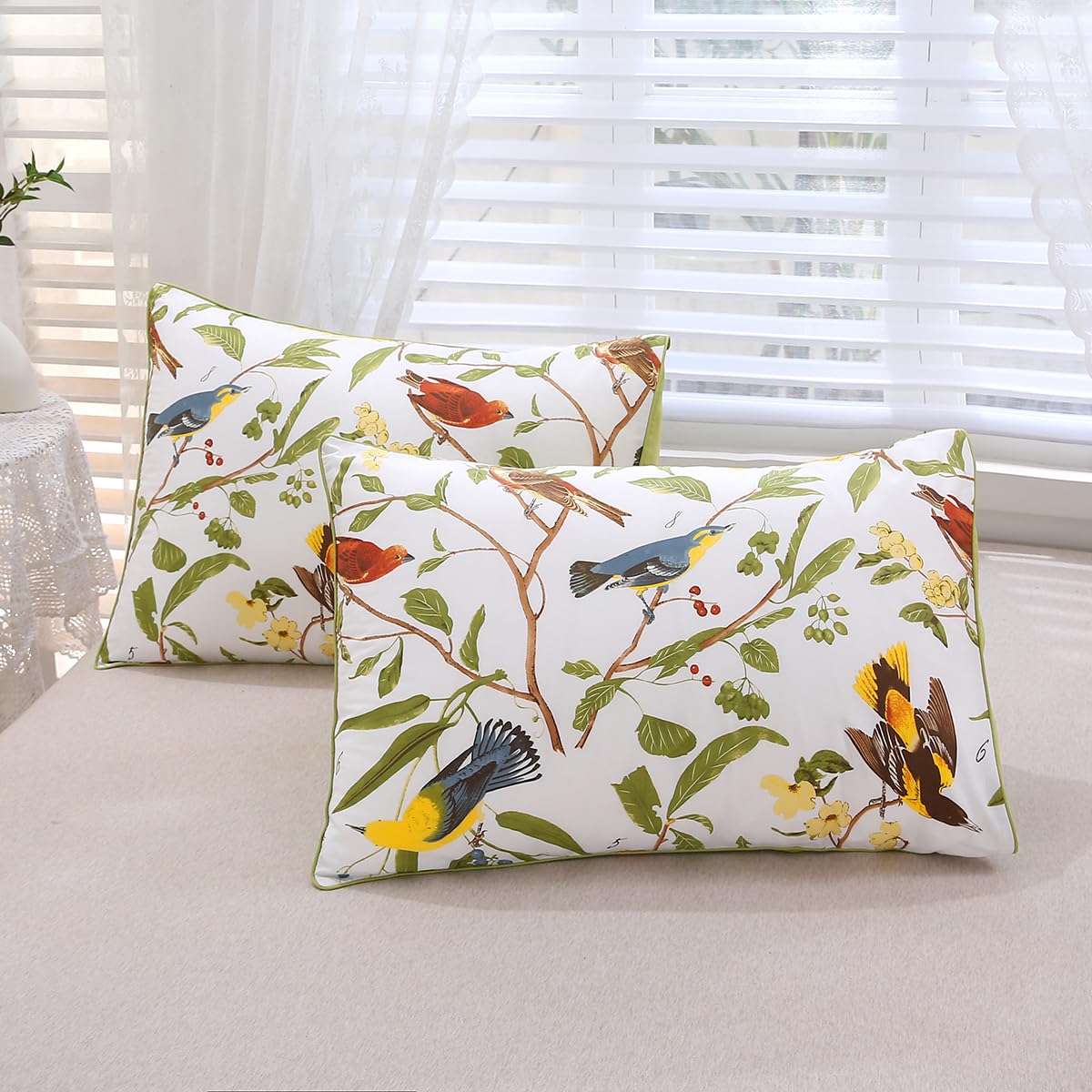 URBONUR Birds Duvet Cover Set Twin Size, 100% Cotton Cute Bird Comforter Fall Leaf Printed Bedding Set for Kids Children, Breathable Duvet Cover Sets Bedding 3 Pc