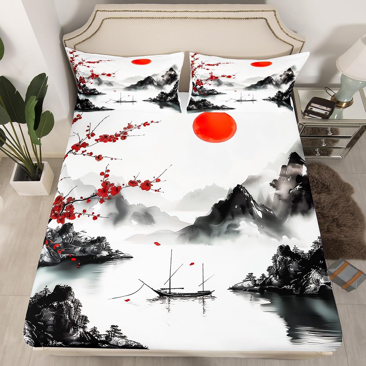 Feelyou Japanese Ukiyoe Theme Bedding Sheets Full Cherry Blossom Bed Sheet Set for Adult Kids Watercolor Fitted Sheet Natural Landscape Bed Cover 3Pcs,1 Fitted Sheet+2 Pillow Sham（No Flat Sheet）