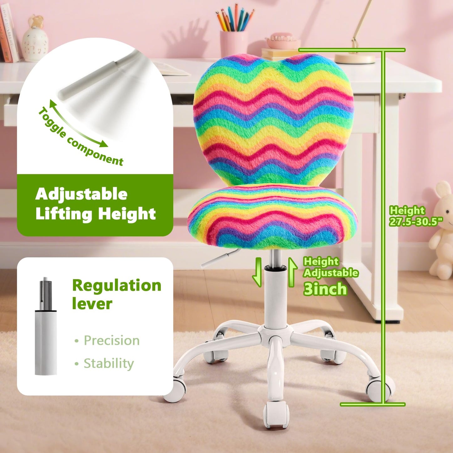 Lessmore Heart Kids Desk Chair，Girls Desk Chairs,Comfy Swivel Computer Chair for Girls Room, Fluffy Kids Office Chair for Reading & Vanity，Rainbow