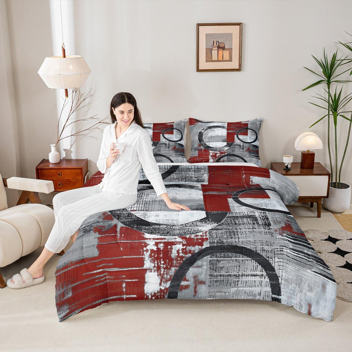 Feelyou Abstract Kids Comforter Set Full Size Modern Abstract Art Bedding Set Geometric Duvet Quilt for Kids Boys Girls Bedroom Luxury Decor Wine Ultra Soft