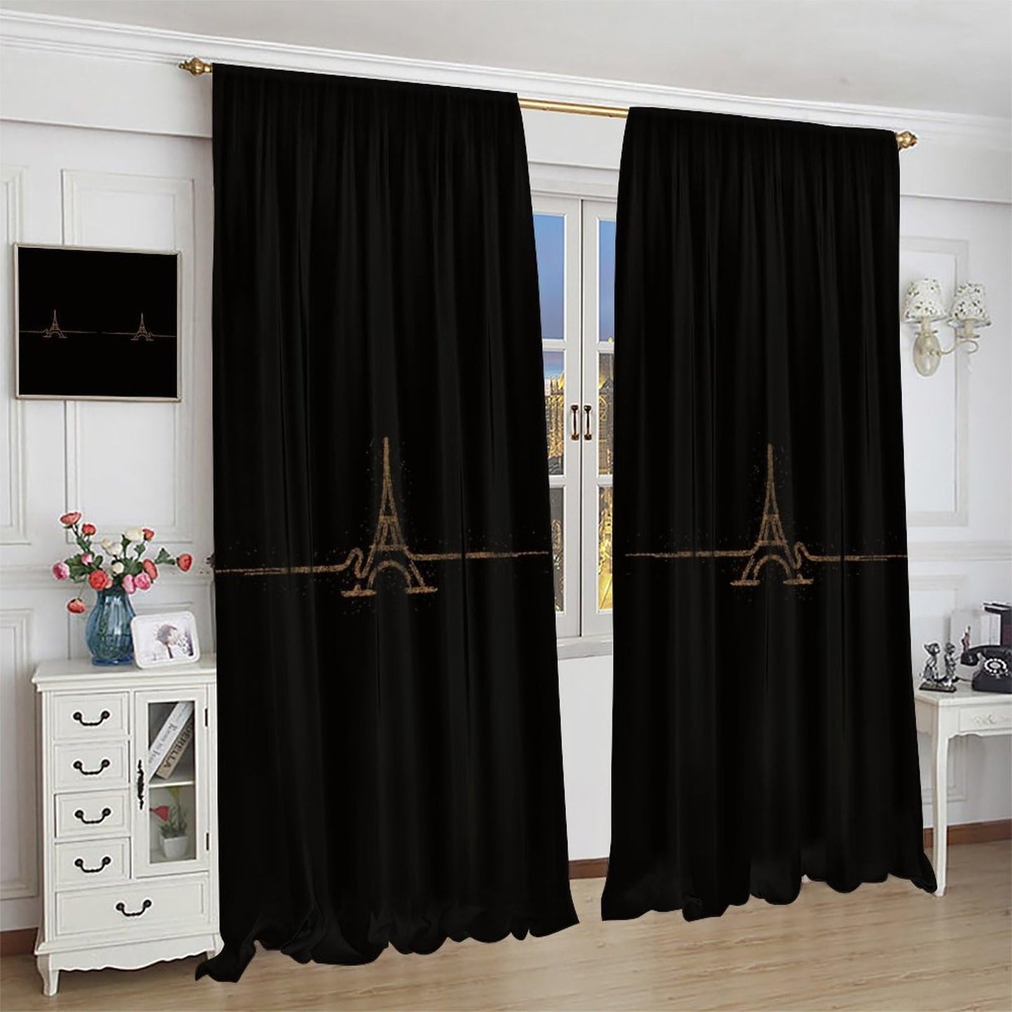 Fblifil Simple Luxury Eiffel Tower Curtain Black Background, Gold Eiffel Tower, Exquisite Home French Romantic Printed Rod Pocket Window Treatments for Bedroom Living Room Decor 42" W X 45" L
