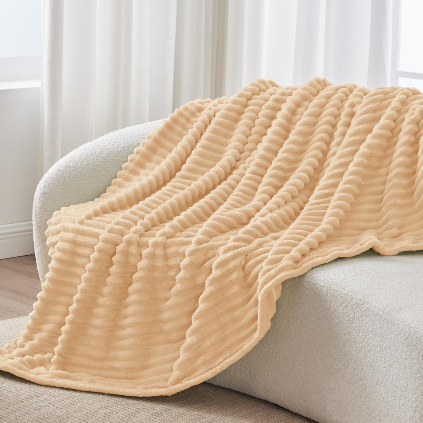 BEDELITE Fleece Throw Blanket for Couch - 300GSM Soft & Warm Fluffy Blush Sand Blanket, Decorative and Giftable Striped Blankets for Women, Men, 50"x60"