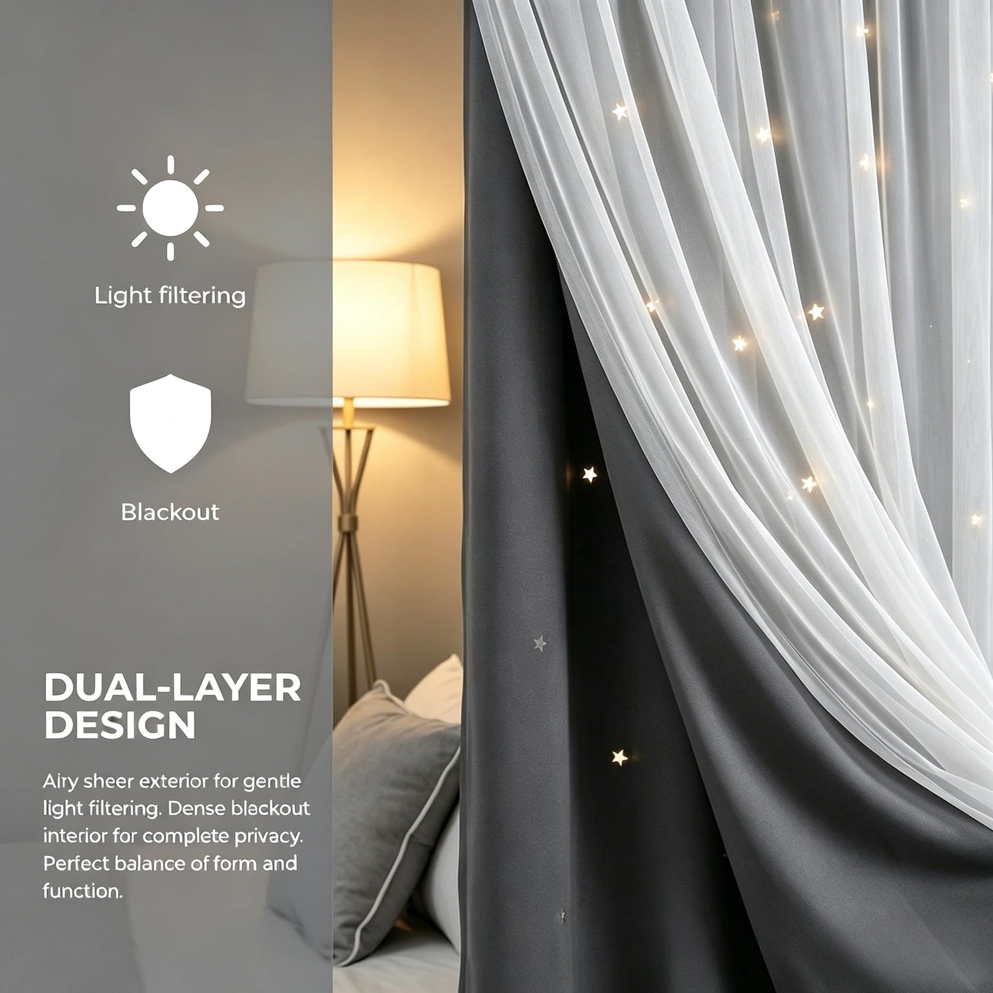 Kinryb Grey Star Cut-Out Blackout Curtains Kids Curtain Mix and Match Curtain for Nursery Grommet Top Small Curtains Thermal Insulated Drape for Bedroom 42" W x 45" L Grey 2 Panels 2 Tiebacks