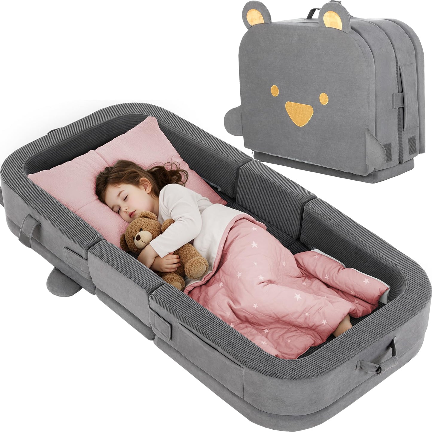 MAMIZO Toddler Travel Bed, Portable Toddler Bed with High Density Foam for Baby and Kids, Washable Cover Travel Crib with Safety Rail for Home, Hotel, Family Visits and Camping, DreamyBear