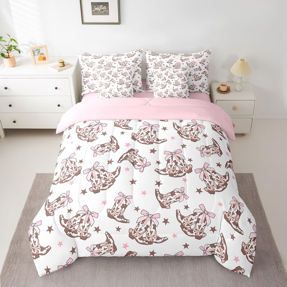 Manfei Cowgirl 7 Pieces Bedding Set Queen,Western Tribal Boots Pink Princess Bowknot White Bed in a Bag for Teens,Rustic Brown Cowhide Starry Comforter Set with Sheets,Pillow Covers