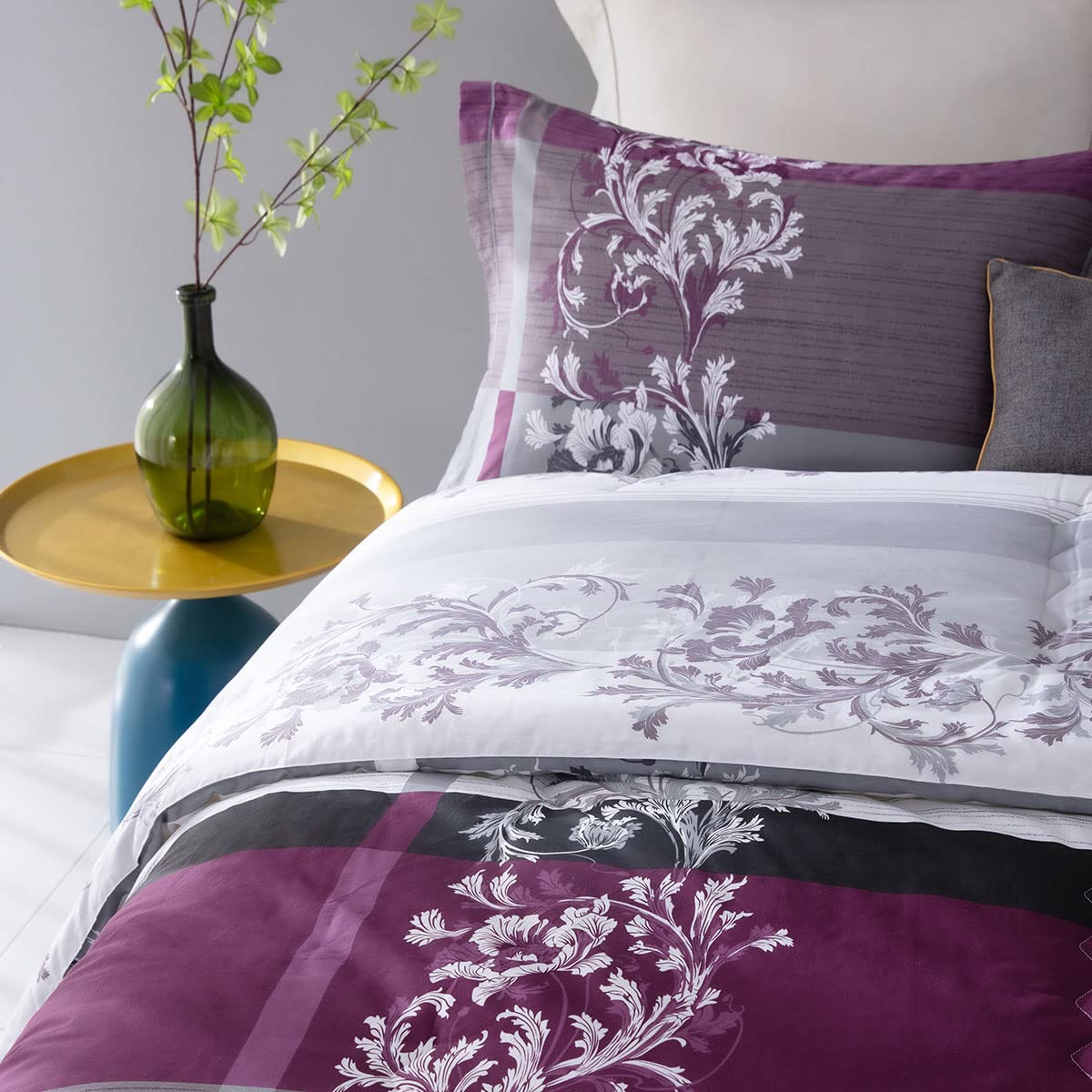 SLEEPBELLA Comforter Queen Size, 600 Thread Count Cotton Grey Paisley & Purple Comforter Sets, Down Alternative Bedding Set 3Pcs(Queen, Purple Paisley)