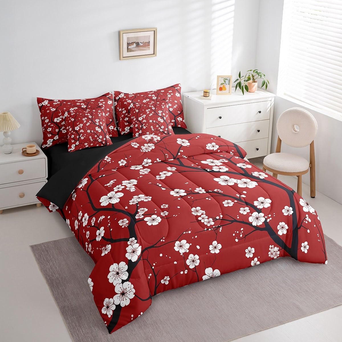Erosebridal Cherry Blossom Full Size Bed Sheets and Comforter Set,Japanese Style Flowers 7 Piece Bedding Set Boho Floral Bed in a Bag,Retro Tree Branches Farmhouse Decor Bed Sets