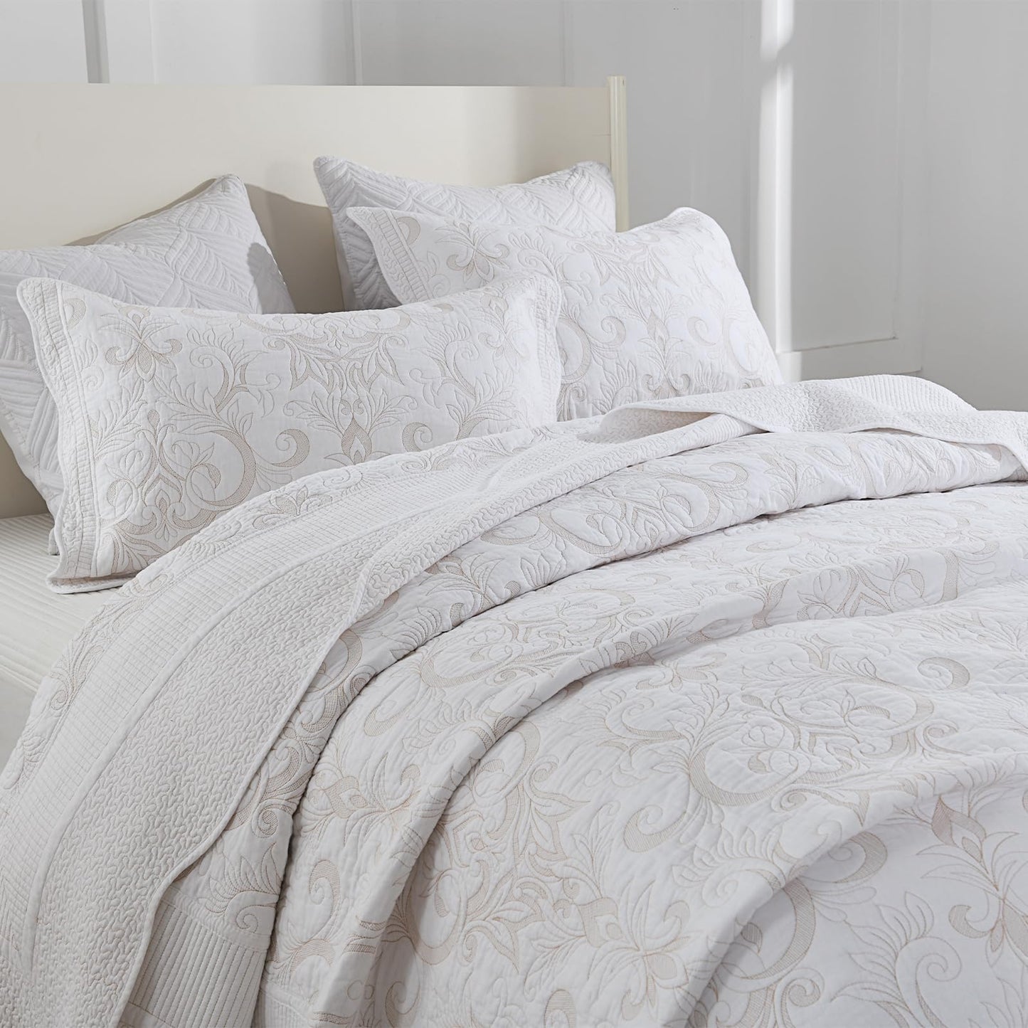 Finlonte Oversized King Bedspread 120"x120" - 100% Cotton Vine Embroidery King/Cal King Quilted Bedspread Coverlet, Lightweight Extra Large Quilt Set with 2 Pillowshams, White/Yellow