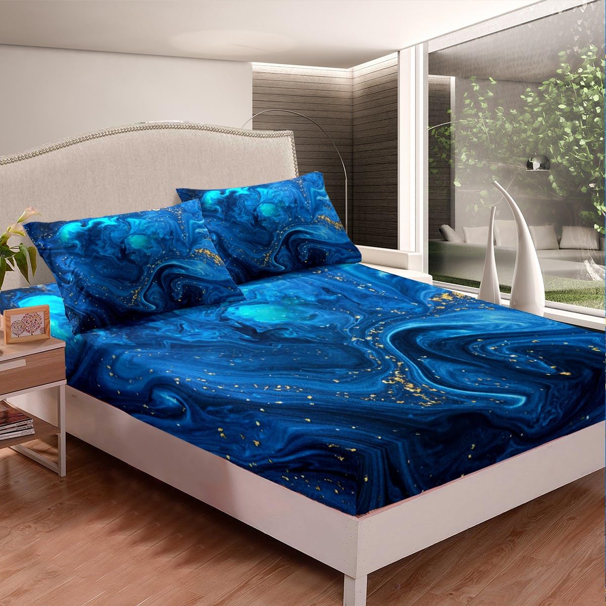 Erosebridal Blue Marble Fitted Sheet Twin, Ombre Blue Fluid Bed Sheets Trippy Liquid Sheet Set Gypsy Golden Sequins Printed Flat Sheet Tie Dye Gradient Soft Top Sheet & Fitted Sheet & 2 Pillowcases