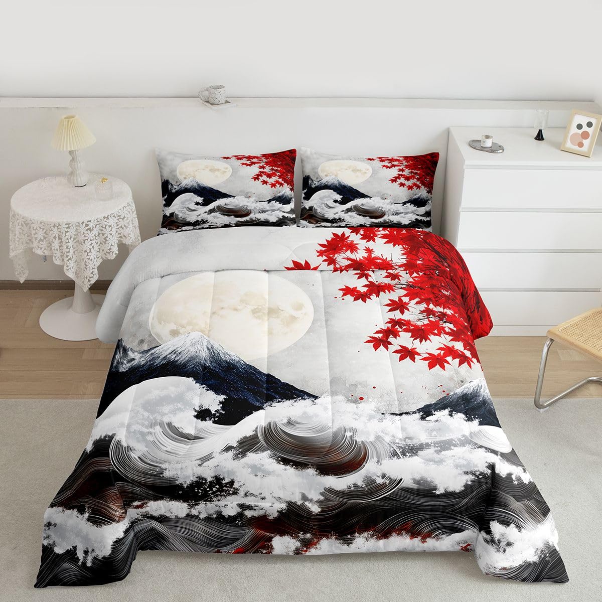 jejeloiu Japanese Wave Bedding Set Soft for Boys Girls, Japanese Style Comforter Set Queen Size Cherry Blossom Duvet Quilt Microfiber Mountain Bedroom Decor 3 Pcs with 2 Pillow Cases