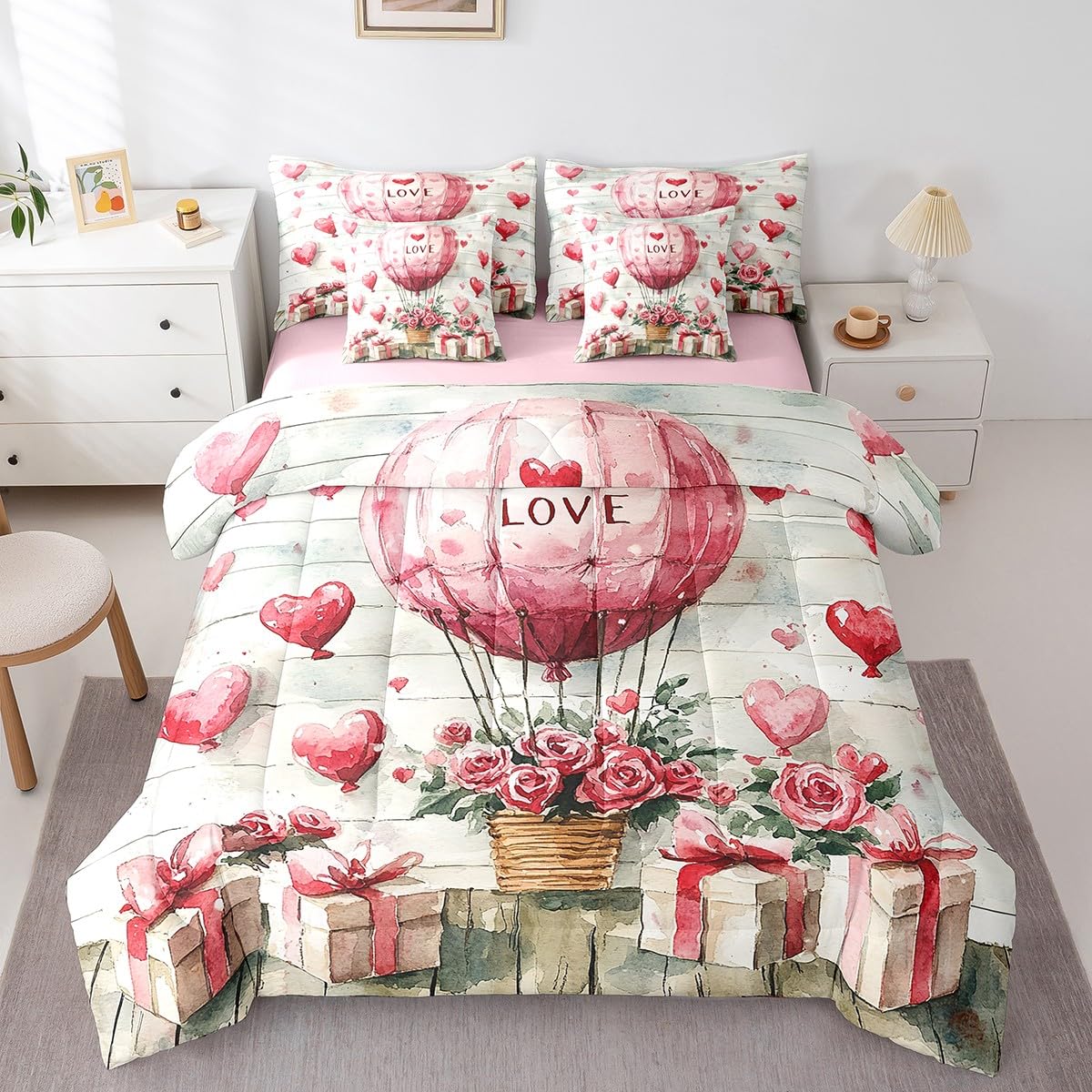 Erosebridal Hot Air Balloon Comforter Set Romantic Roses Valentine's Day Full Bed in A Bag Pink Love Balloon Gift 7 Piece Bedding Set Watercolor Strip Couple Bed Set for Teen Adults Men Women