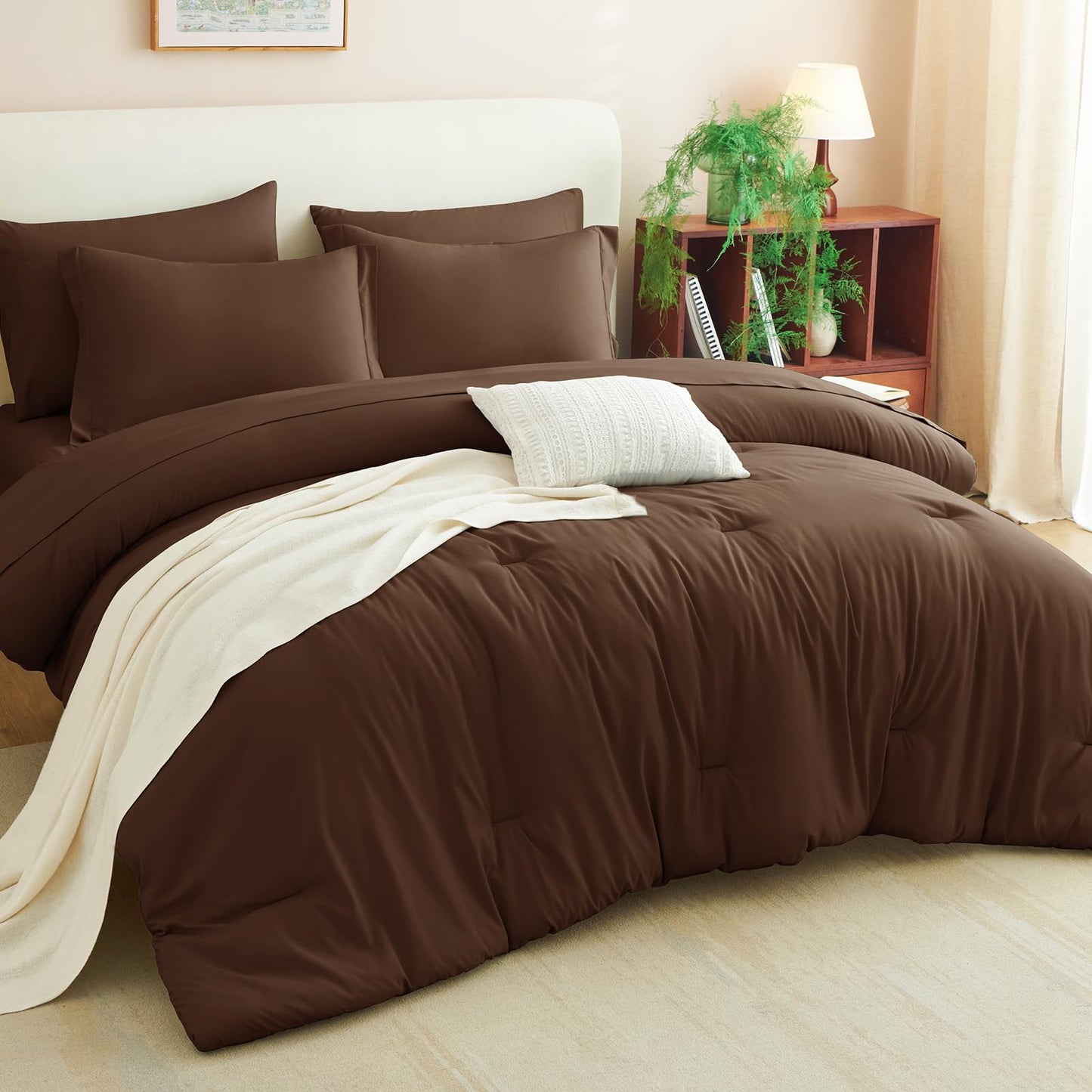 CozyLux King Size Comforter Set Brown, 7 Pieces Bed in a Bag King Comforter Set with Sheets, Luxury Soft Bedding Sets with Down Alternative Comforter, Fitted Sheet, Flat Sheet, Pillowcases & Shams