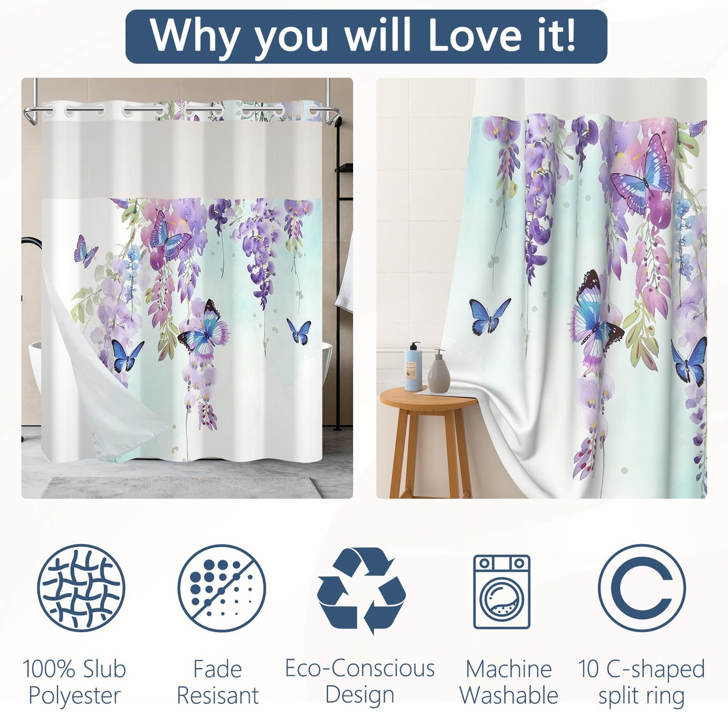 NAEMBCU No Hook Shower Curtain with Snap in Liner 71x74 Inch
