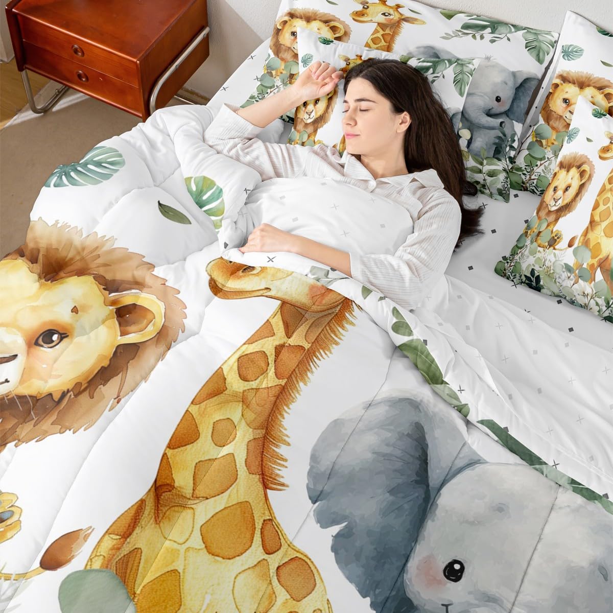Erosebridal Jungle Animal Twin Size Comforter Set with Sheets - Kawaii Cartoon Zoo Animal 7-Piece Bedding Set Cartoon Lion Elephant Giraffe Bed in a Bag Leaves Botanical Eucalyptus Bed Quilt Sets