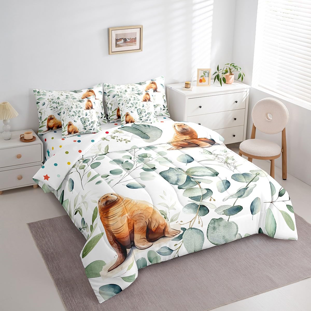Erosebridal 7-Piece Cartoon Seal Bedding King Size Ocean Wildlife Comforter Set, Spring Plant Bedding Comforter Sets Eucalyptus Leaf Bed in a Bag, Sea Animal Theme Bedding Accessories Kids Room Decor