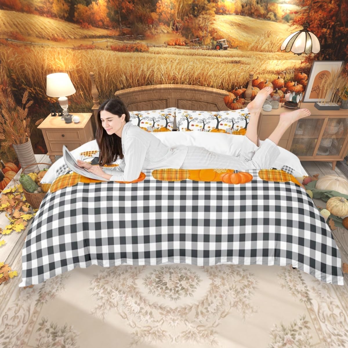 Pumpkin Autumn Duvet Cover Set King Size,Kids Adults Bedroom/Farm Halloween Decor,Black White Plaid Bedding Set,Maple Trees Fall Leaves Comforter Cover,Rustic Orange Quilt Cover,3pcs,2 Pillowcases