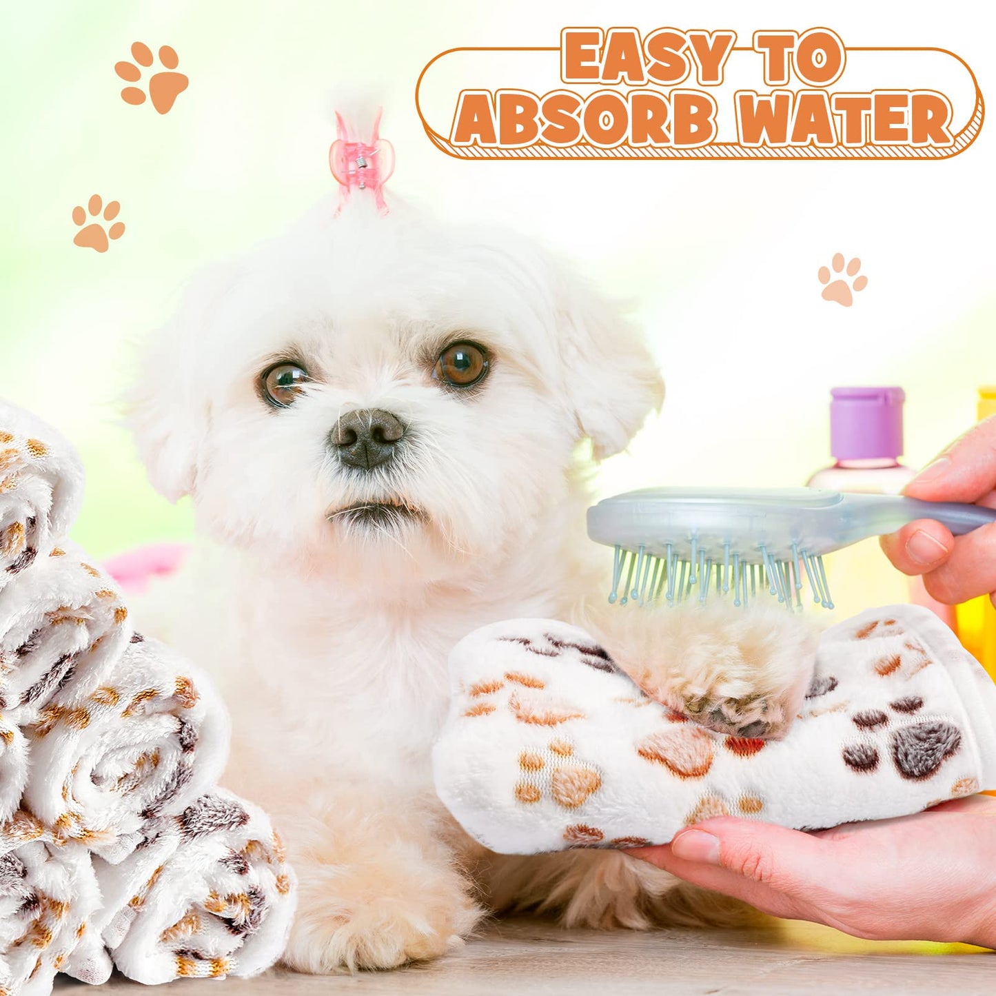 Tegeme 12 Pcs Pet Blankets 23 x 16 Inch Soft Fluffy Fleece Dog Cat Warm Paw Print Pattern Blankets Flannel Throw for Pets Dog Puppy Cat(White)