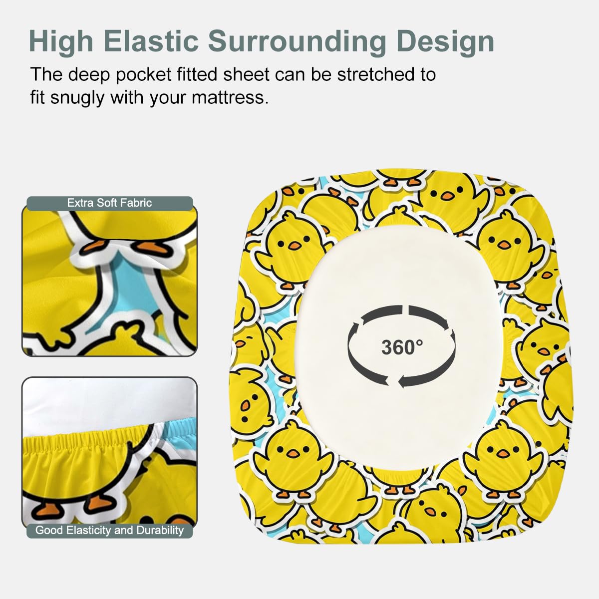 Cute Chicken Fitted Sheet Set Twin Size, 3 Pieces Happy Kawaii Chicken Bedding for Bedroom Decor, Bright Yellow Cartoon Chicken Microfiber Deep Pocket Bed Sheets with 2 Pillowcases (No Flat Sheet)
