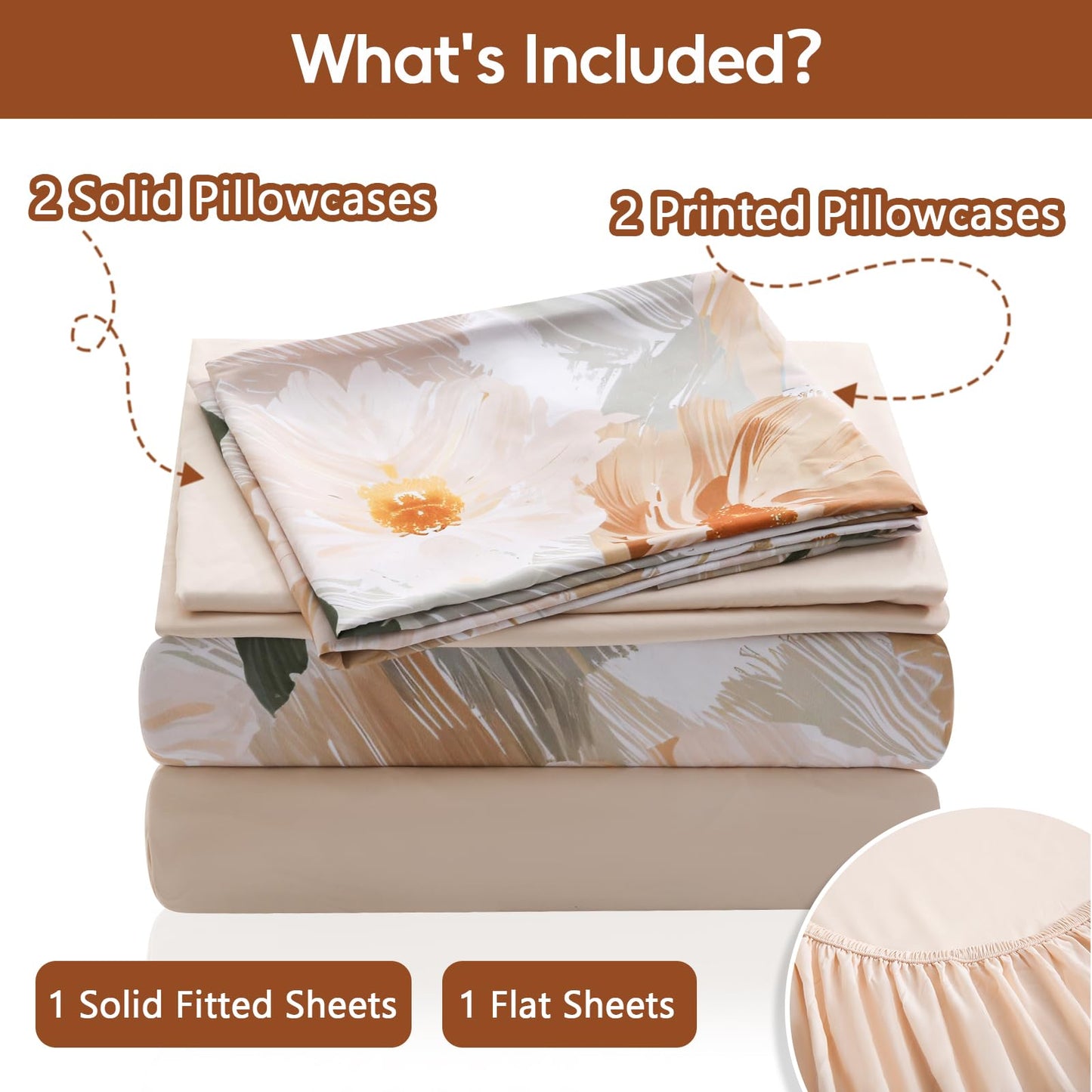 LONAVA Flower King Size 6 Pcs Sheet Set, Breathable Microfiber Deep Pocket Biege Fitted Sheets, Comfy & Breathable Patterned Flat Sheets,4 Gentle Soft Pillowcases, Golden Flower